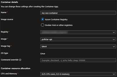 Configure container settings for Azure Container App